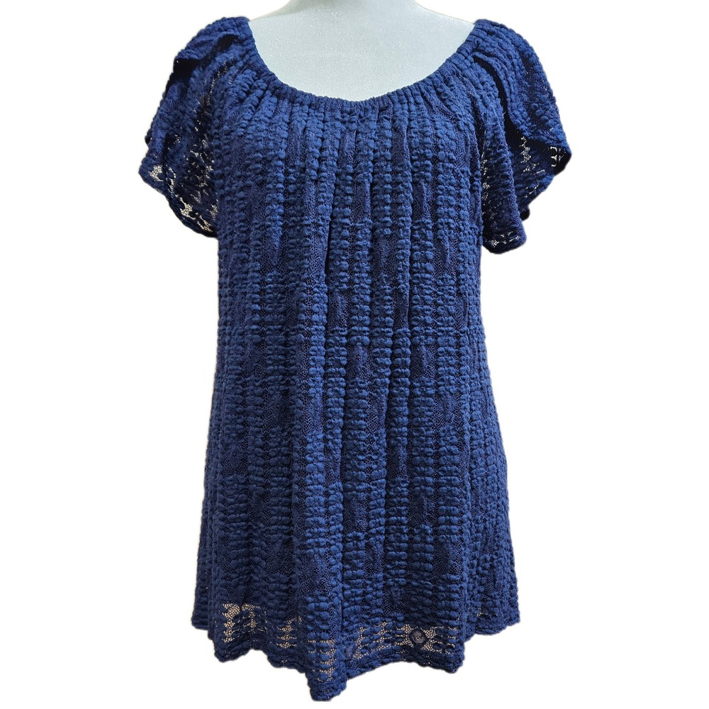 Navy Blue Cupio Textured Lace Elastic Neckline‎ Petal Sleeve Blouse Size Large